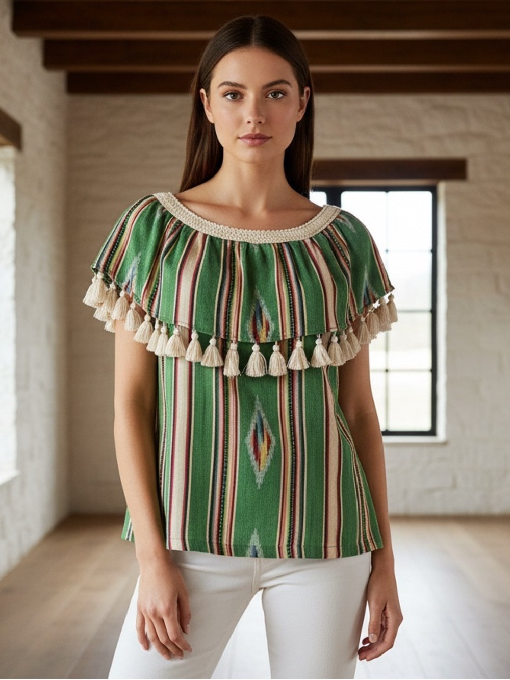 Judith March Green Multicolor Striped Tassel Blouse